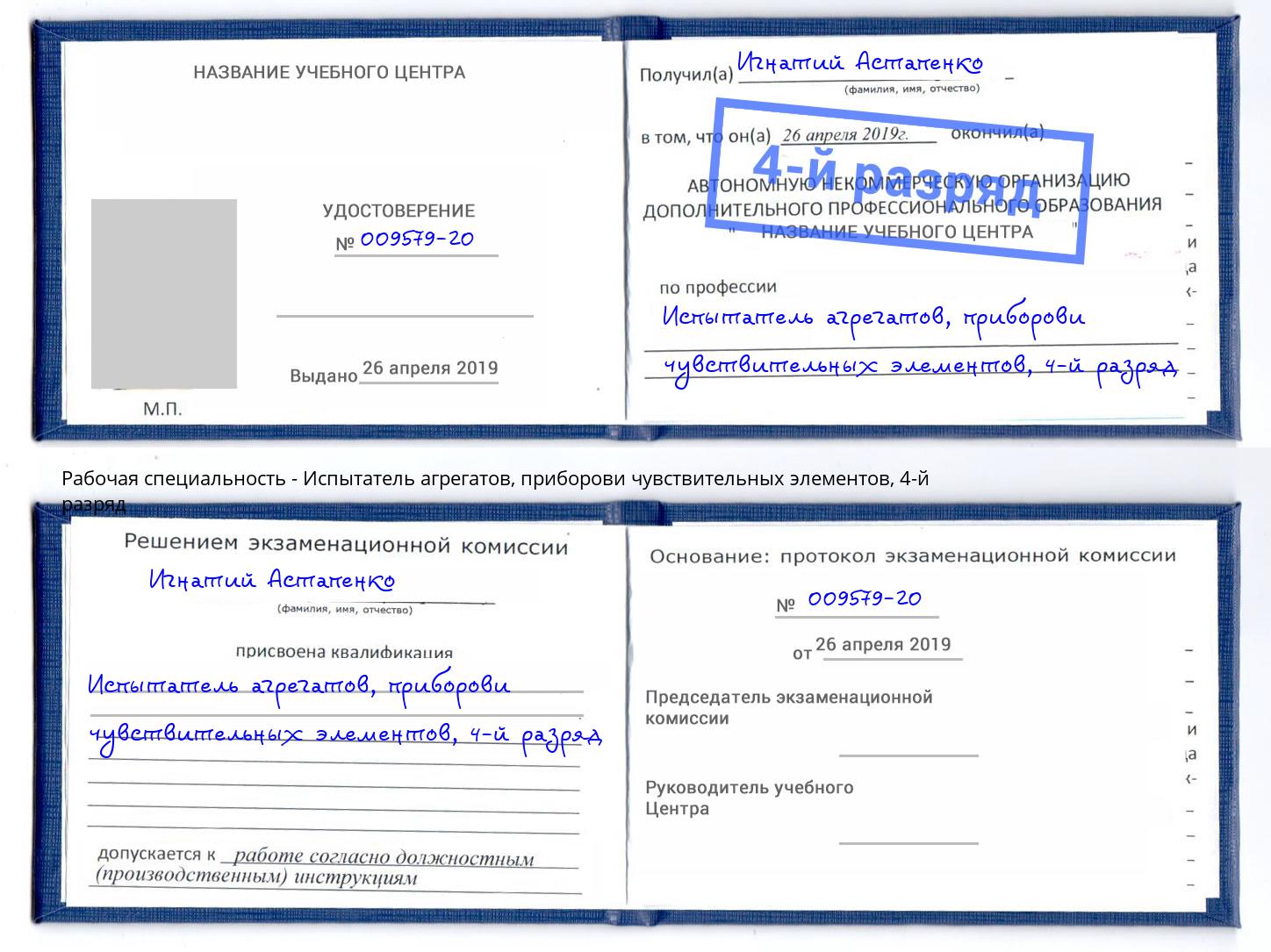 корочка 4-й разряд Испытатель агрегатов, приборови чувствительных элементов Железнодорожный