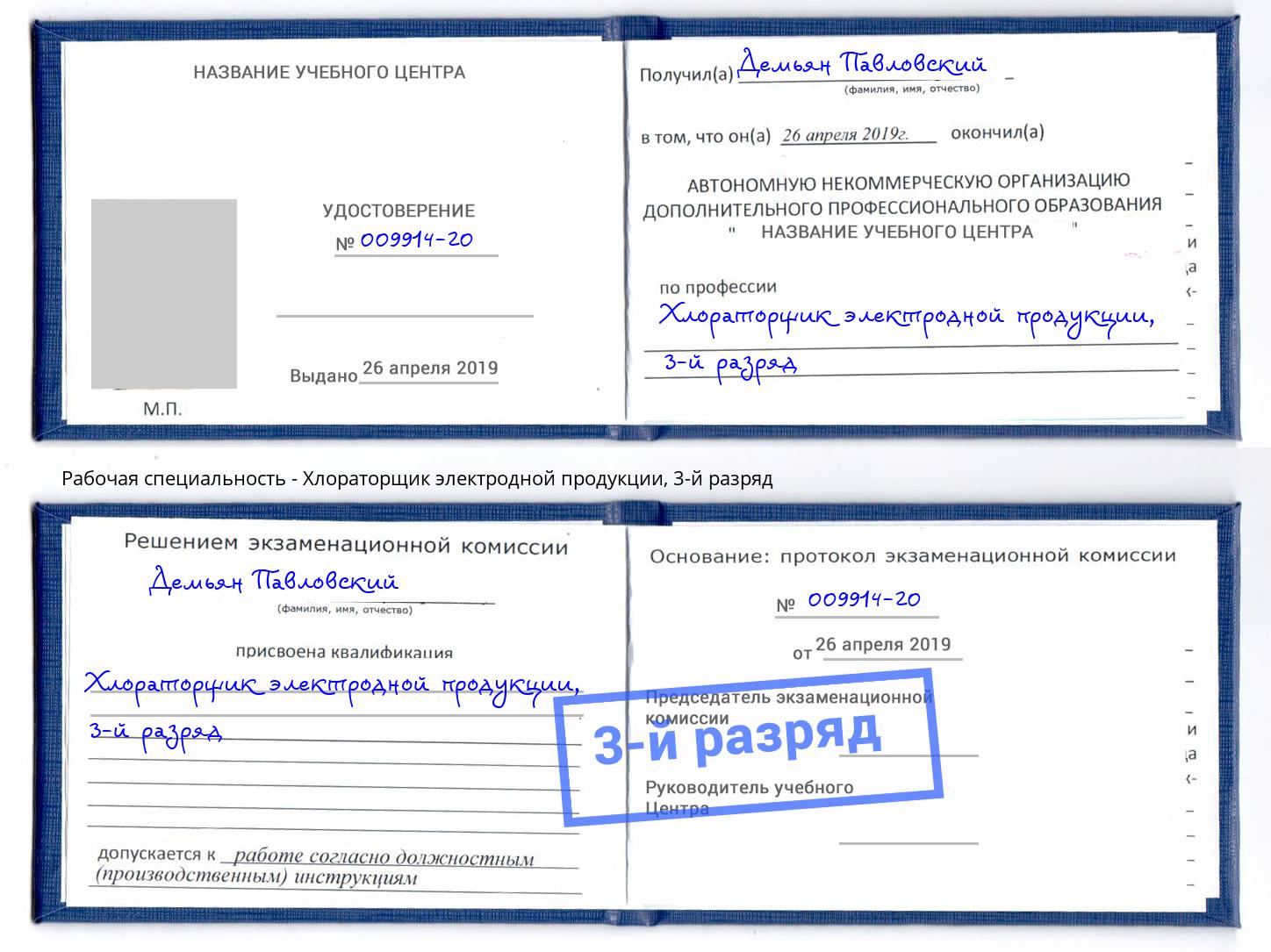 корочка 3-й разряд Хлораторщик электродной продукции Железнодорожный