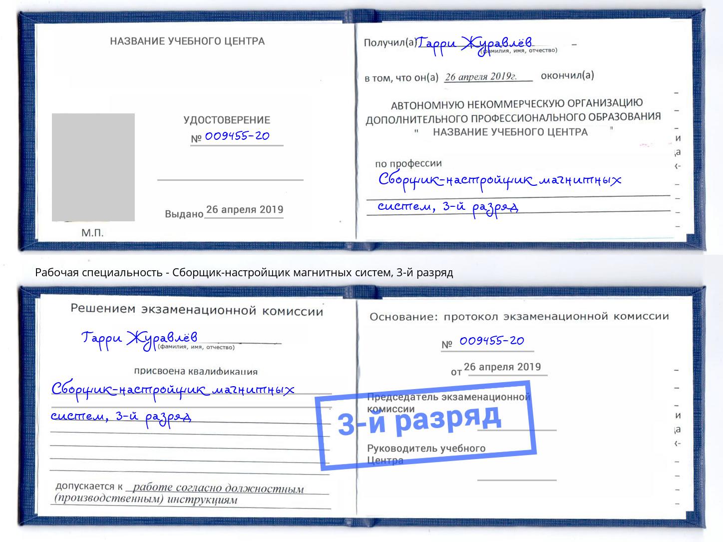 корочка 3-й разряд Сборщик-настройщик магнитных систем Железнодорожный