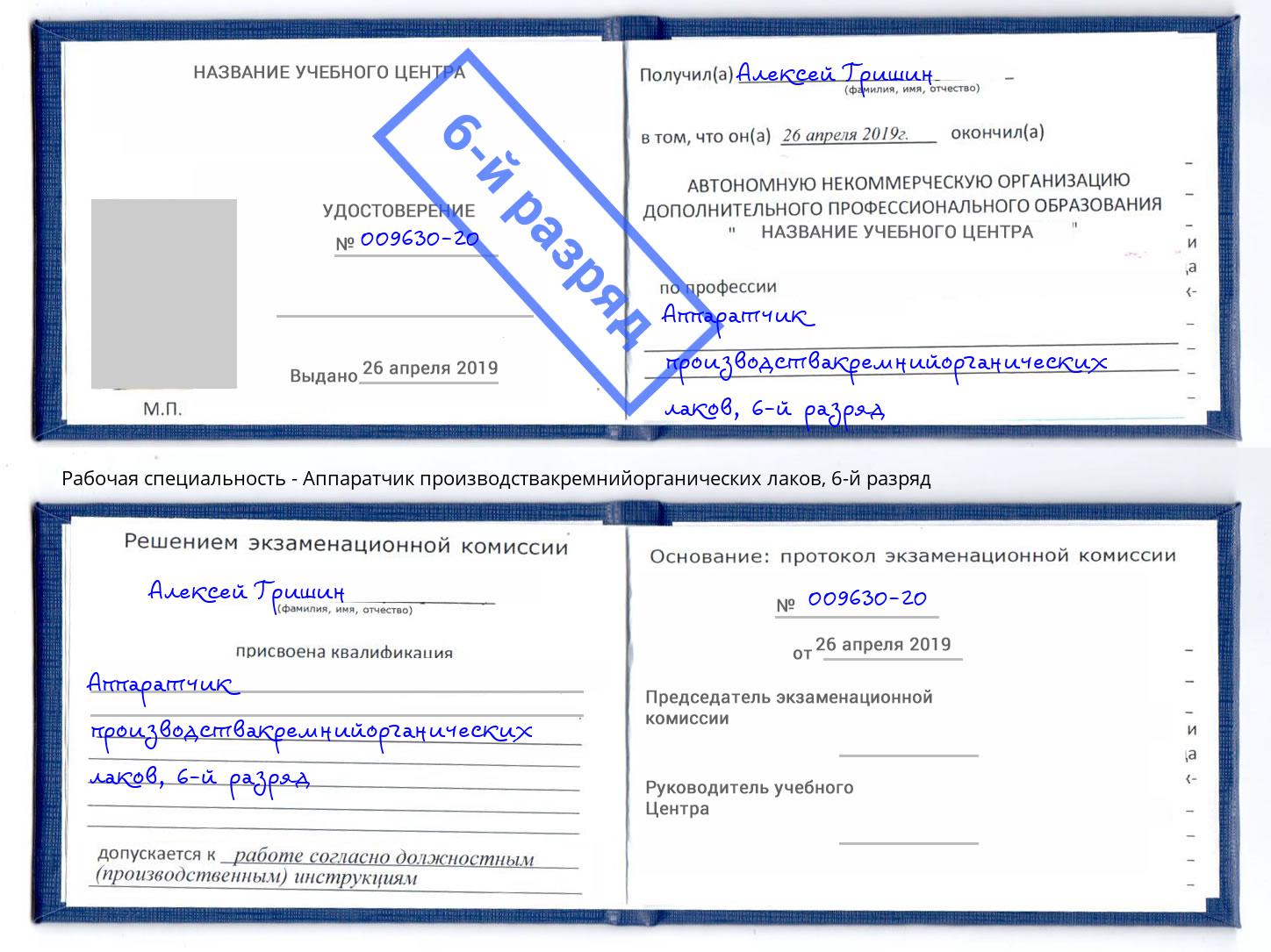 корочка 6-й разряд Аппаратчик производствакремнийорганических лаков Железнодорожный