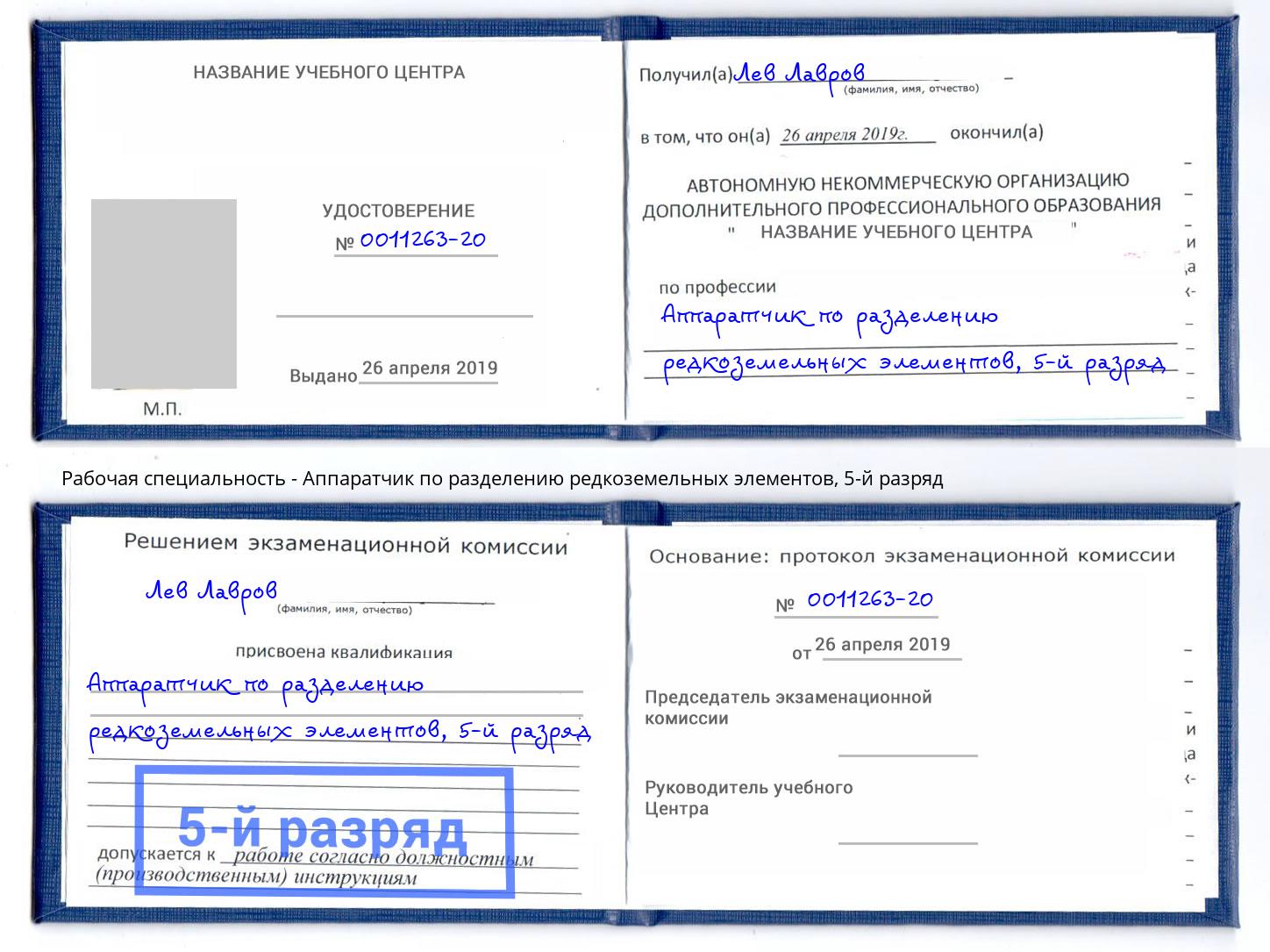 корочка 5-й разряд Аппаратчик по разделению редкоземельных элементов Железнодорожный