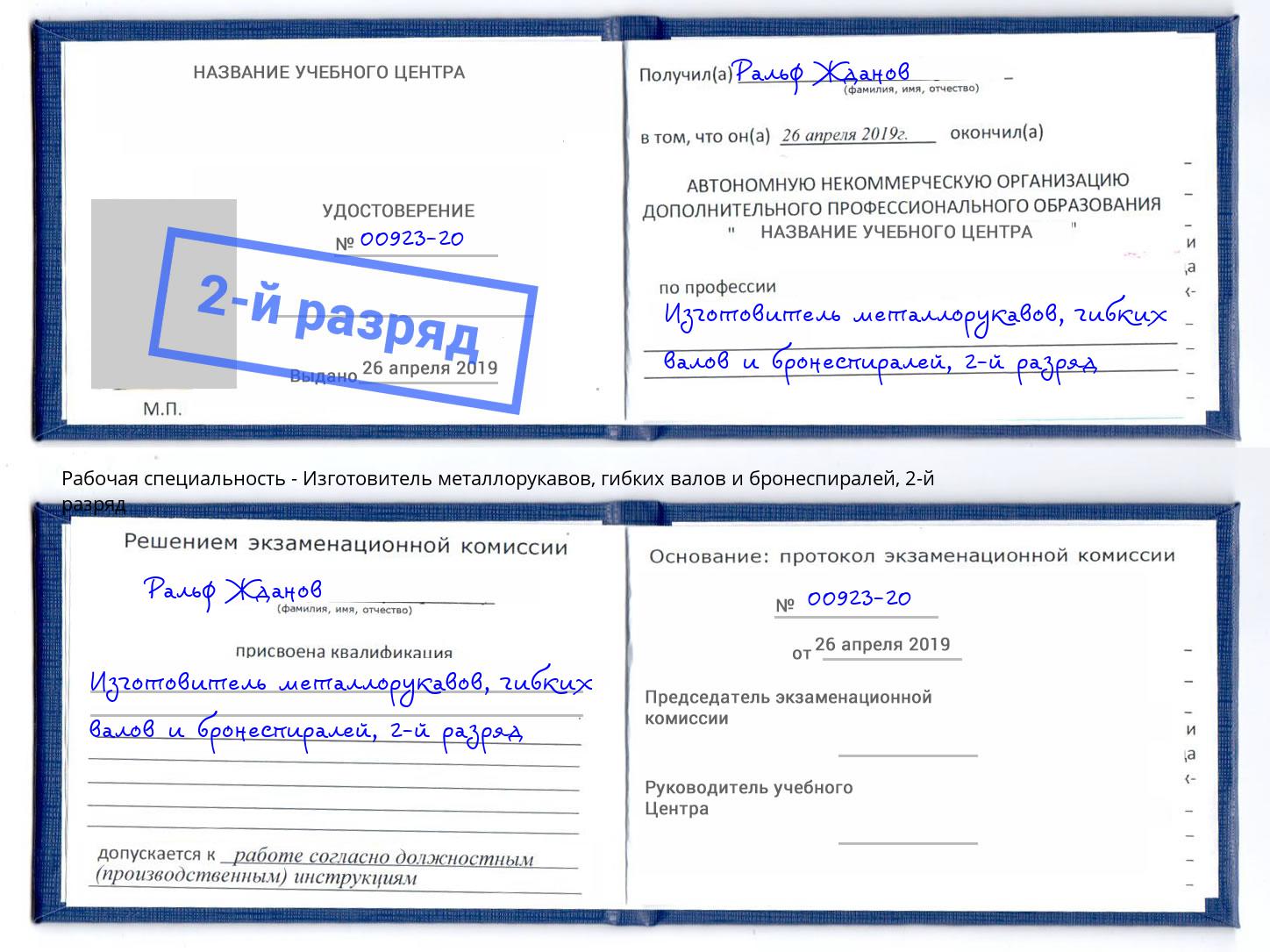 корочка 2-й разряд Изготовитель металлорукавов, гибких валов и бронеспиралей Железнодорожный